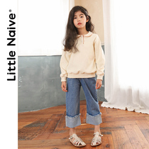 LittleNaive little naive girl sweater spring and autumn 2021 solid color college style short lapel polo shirt