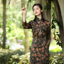 Autumn water ballad Original (Linshui photo flower) heavy satin silk fragrant cloud yarn improved full-open cheongsam female spring new product