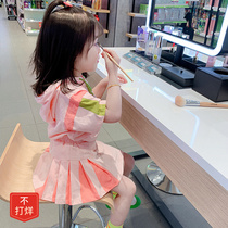 2022 Summer new childrens clothing Girls Korean version with hat sports suit Childrens college Wind short sleeves Short skirt suit