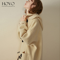 HOVO2022 Autumn Winter New Pop Horn Buckle Bifacial Cashmere Big Coat Woman Medium Long Loose Wool Coat