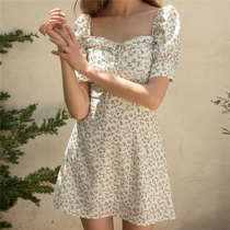 ROCKMORE French retro square collar lace-up bubble sleeve waist dress women's sweet chiffon floral skirt tide