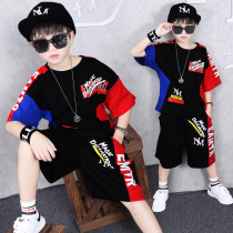 Childrens clothing Boys summer handsome suit round neck new childrens short-sleeved sports suit Middle and large childrens summer two-piece suit