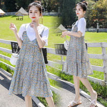 Pregnant Women summer dress 2021 new fake two pieces short sleeve pregnancy top loose size floral skirt summer