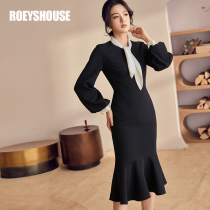 Rocoat Temperament Black Lantern Sleeves Dress Dress Woman New Fish Tail Swing in a long and small selfie skirt 03453