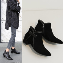 Short boots womens 2022 autumn and winter new pointed toe thick heel nubuck leather mid-heel plus velvet ankle boots short Martin boots