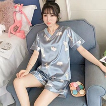 2021 New Ice Silk Pajamas Women's Summer Silk Short Sleeve Two-Piece Korean V-Collar Home Clothes Set