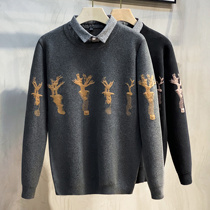 Autumn and winter 2021 New velvet thickened sweater mens trend fake two-piece warm sweater jacquard jacket Spring