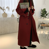 Bathrobe in double face cashmere Grand coat woman 2021 Winter new Hepburn In the middle of a long strip of lace red hairy coat