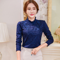 Lace bottoming shirt women autumn new mesh lace top large size foreign style long-sleeved turtleneck small shirt dark blue