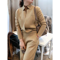 Comes with air field merino wool padded four needle cardigan coat slim straight trousers two-piece fat mm