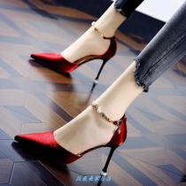 Sexy satin word buckle pointed rhinestone red wedding shoes 2021 spring fine heel dress high heels womens shoes