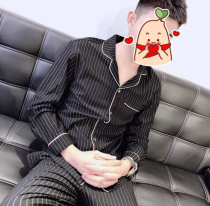 Mens pajamas long sleeve texture autumn and winter thin cardigan Korean version of Roman cloth men can wear home clothes Net Red