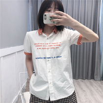 Han Edition Collage retro Embroidery Loose color Lean Collar Pure Cotton Short Sleeve Shirt Woman Half Sleeve Single Row of Buckle Lining Summer