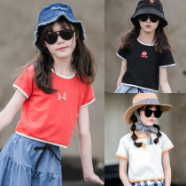 2021 summer childrens fried street fashion exposed navel T-shirt large girls short-sleeved round neck letter printing short top