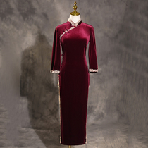 Wine red velvet cheongsam 2021 New retro modified version long sleeve mother wedding dress women Autumn