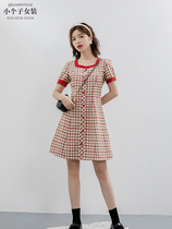 Seven volume a small woman retro red plaid lace-up short sleeve dress Women summer 2021 New 0597