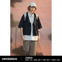 Unvesno (UN) Faculty of Humanities Fake Two Piece Loose Summer Retro Short Sleeve Shirt Casual Cardigan T-Shirt