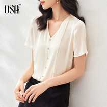 OSA apricot colored acetic acid V-neck chiffon shirt womens short sleeve 2021 new summer high-end thin shirt chic gown