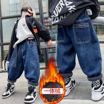 2022 boys jeans plus velvet and thickened childrens pants middle and big children plus fat and enlarged autumn and winter loose one-piece velvet