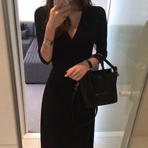 Europe Station Black V Collar Sexy Dress Woman 2021 Summer new collection waist Temperament Slim Open Fork Small Black Dress