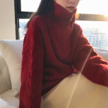 New Years car centenons red sleeves Sweater Womens Zipper Loose and Lazy Wind Autumn Winter Thickening of Flowers This Life of the Year of the Sea