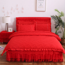 Autumn Winter Clip Cotton Thickened Korean Version Princess Lace Bed Hood Bed Cover Bed Cover Large Red Wedding Celebration Bed Goods 4 pieces