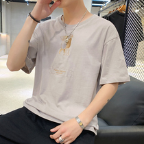 Mens short-sleeved T-shirt in summer with white trendy brand base shirt fashion ins cotton loose ice feel on clothes