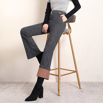 Woolen wide-leg pants womens autumn and winter 2020 new high-waisted thin micro flared pants plus velvet thick winter hanging pants