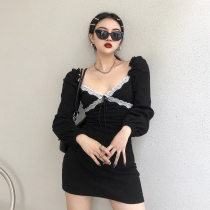 H home European and American style fold Bubble bubble sleeve square collar dress lace stitching waist royal sister sexy thin black dress