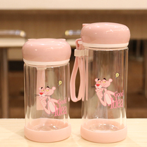 Double-layer pink glass portable heat-resistant water cup Student couple cup Korean version of the small fresh simple water cup teacup