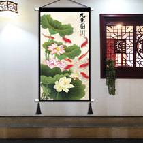 Lotus nine fish picture cloth art hanging painting living room porch background Chinese hanging cloth wall decoration tapestry large size cloth painting