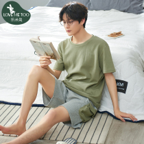 Summer cotton short-sleeved pajamas young mens home clothes set solid color loose cotton summer thin sports wear