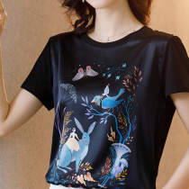 Hangzhou new silk coat 2021 summer European station Foreign style small shirt loose fashion stitching mulberry silk T-shirt