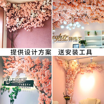 Cherry tree simulation tree Living room air conditioning pipe ceiling large floor-to-ceiling fake tree Wedding wall decoration fake flower rattan
