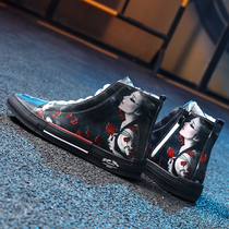 2020 new canvas shoes casual graffiti mens shoes high shoes spring trendy shoes breathable Korean version of personality board shoes tide