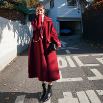 Red woolen coat female mid-length goddess fan 2020 autumn and winter new Korean loose British wind coat