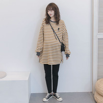 Spring and autumn surrogacy Clothing Clothing Fashion Striped Embroidery Pure Cotton Loose Large Code Stripe Long Sleeve Blouse Jacket Spring Dress