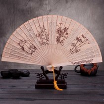 Manji Chinese style gift with scented solid wood folding fragrant wood fan female fan 10 inch men silk cloth fan