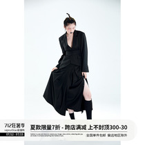 VAPOURBLUE original design dark black shirt collar half body dress Women in summer multidress with heavy pleated long dresses