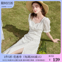 Triple color 2021 Summer womens dress Small white dress Retro foam sleeves High waist one-piece dress D362F3001L10