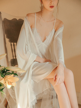 Ice silk pajamas female summer senior sexy lace suspender nightgown silk thin skirt morning robe bride 2021 New