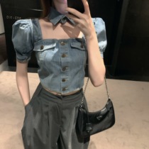 Niche design sense square collar bubble sleeve a-line high waist umbilical short section careful machine thin denim short top