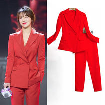 Red West Suit Suit Collection Waist Small Suit Woman 2022 Chunqiu New Korean version Fashion tooling 90% pants Two sets