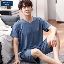 Mens pajamas Modal summer thin short-sleeved shorts youth home clothes loose large size summer casual suit