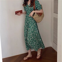 Fan-style green broken flower one-piece dress 2021 new summer thin style retro temperament Long fairy Snow spinning long skirt