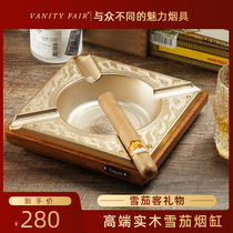 Cigar ashtray Household living room large Chinese retro solid wood base alloy tray Cigar ashtray