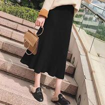  Knitted skirt womens autumn and winter 2021 mid-length high waist black thin skirt a-line pleated wool skirt