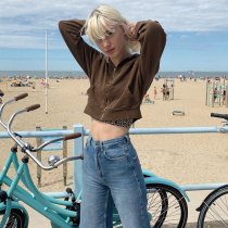 H home European and American style basic solid color zipper short cardigan jacket ins kangaroo hooded dance sweater tide top