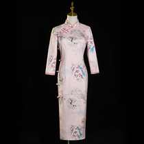 Pink suede cheongsam female retro Chinese style young girl modified print dress long sleeve autumn