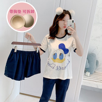 Womens summer short-sleeved cotton shorts with chest pad pajamas cropped pants loose cartoon Korean version of the student home service three-piece set